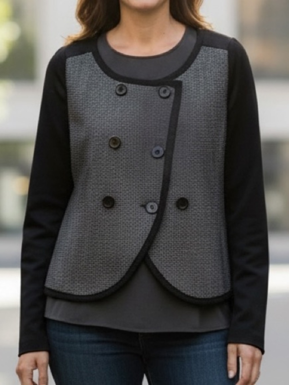 GAP Black and Gray Double-Breasted Tweed-Front Jacket Excellent Condition